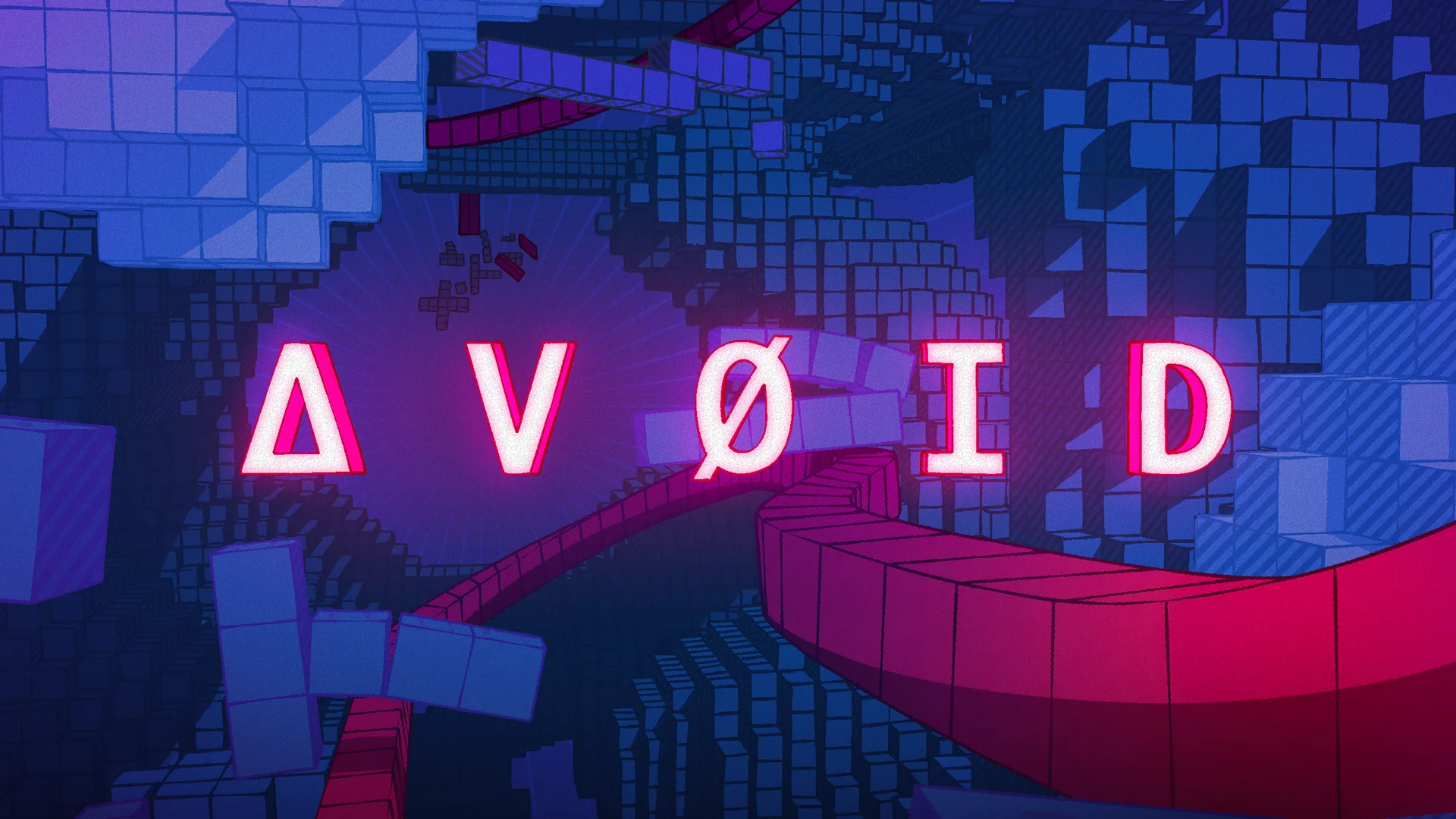 Key art for AVOID: a neon pink walkway twisting away through a world built of stacked blue blocks, lit by the glowing AVOID logotype at its centre.