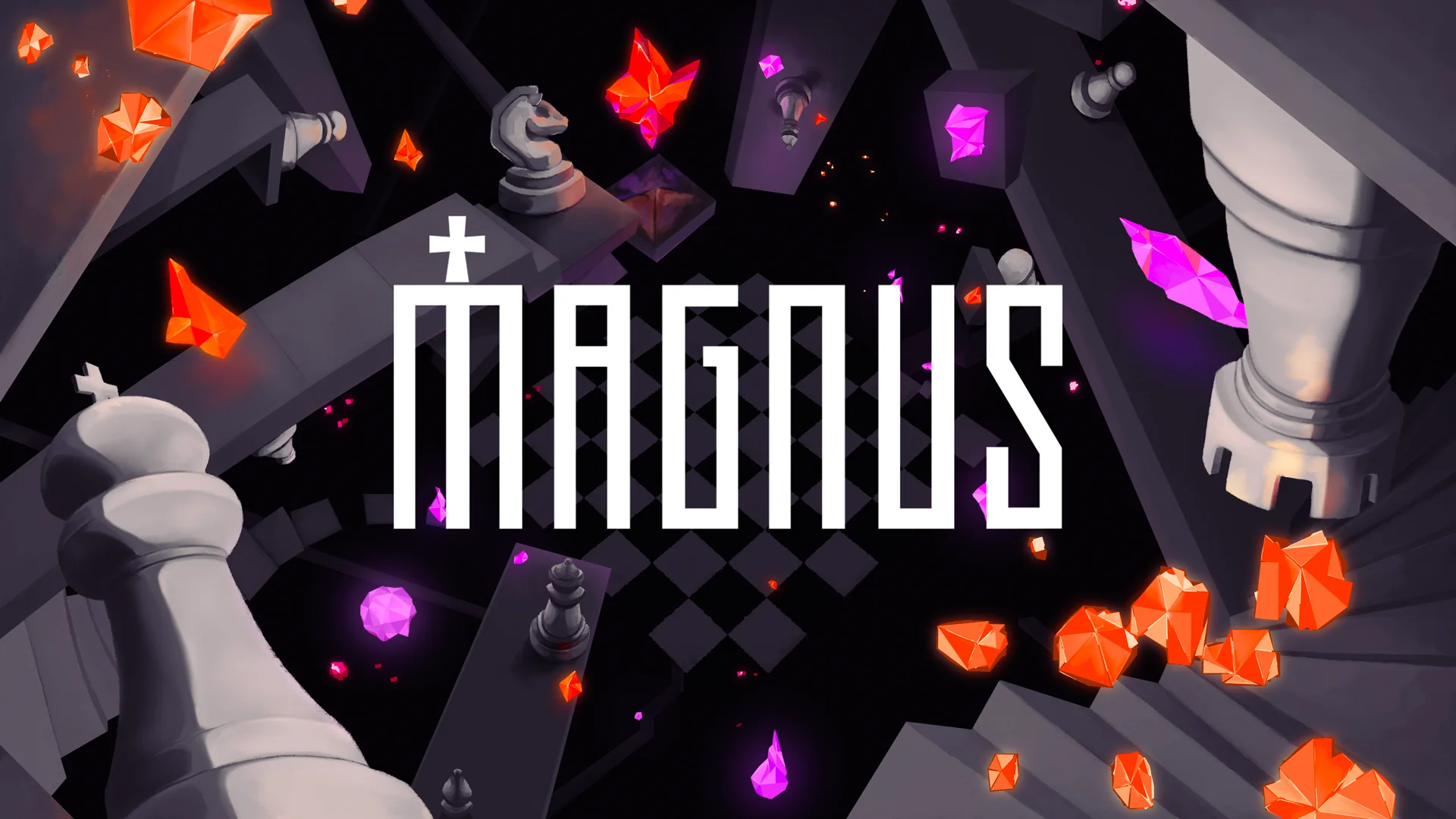Key art for Magnus: oversized pale chess pieces and glowing orange and magenta crystals scattered across a dark, fractured board, with the Magnus logotype at its centre.